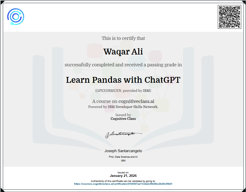 Learn Pandas with ChatGPT certificate